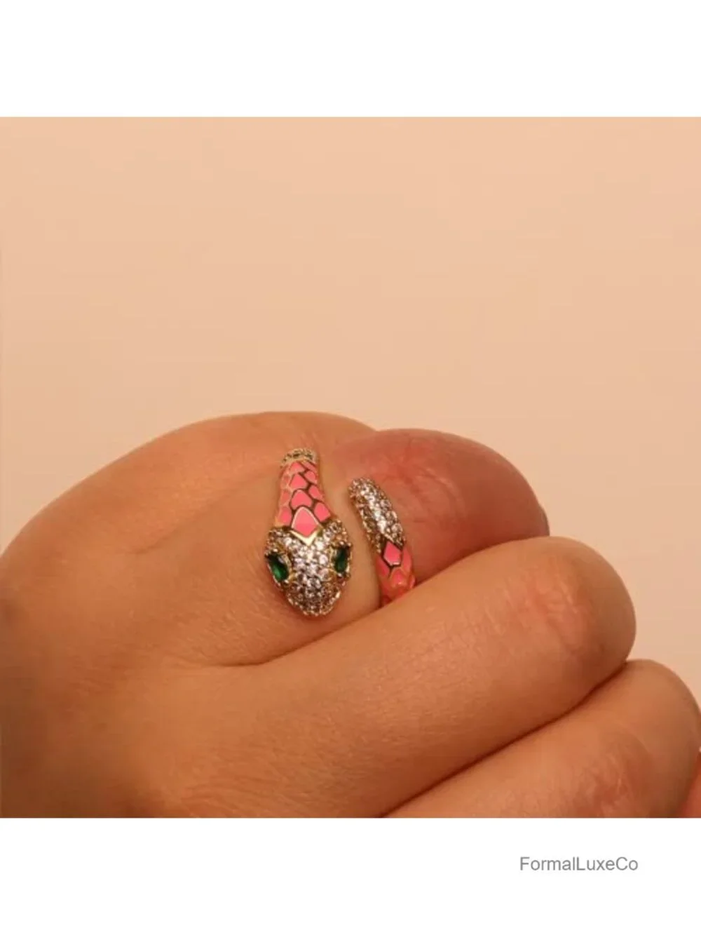 Adjustable Open Snake Ring - Gold Plated Brass, Cubic Zirconia, Oval